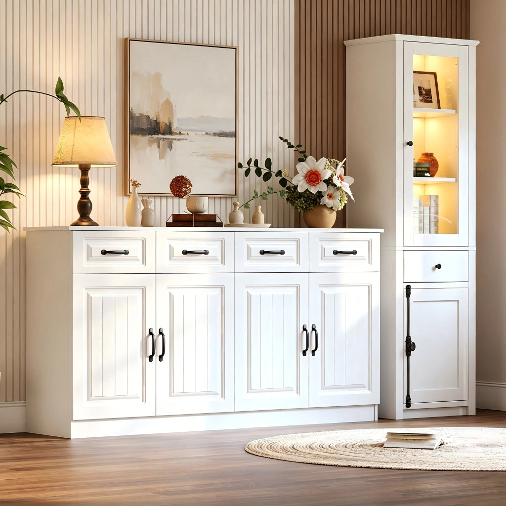 Set di mobili da soggiorno con mobile contenitore e vetrina in MDF bianco con porte in vetro e LED USB
