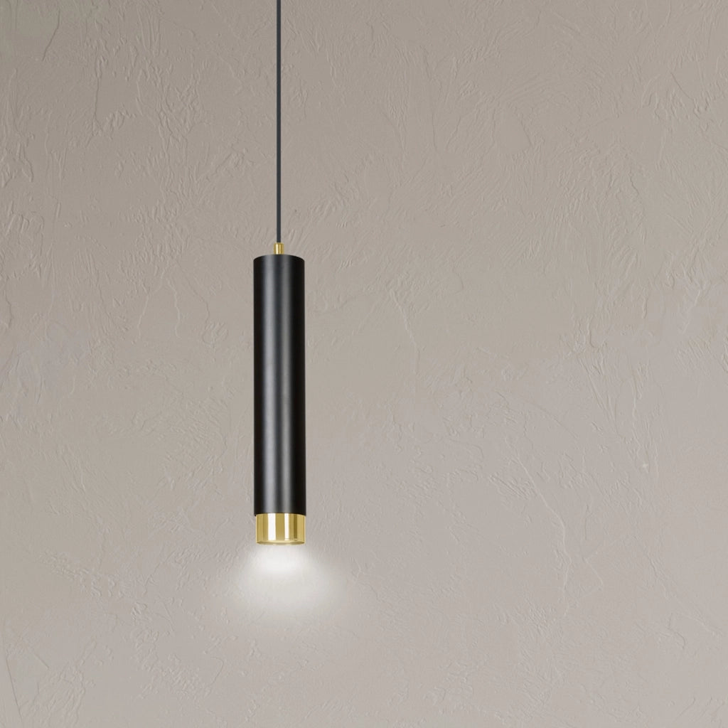 Sospensione 1 Luce Brunilde In Acciaio Nero Con Tubolare In Nero E Oro
