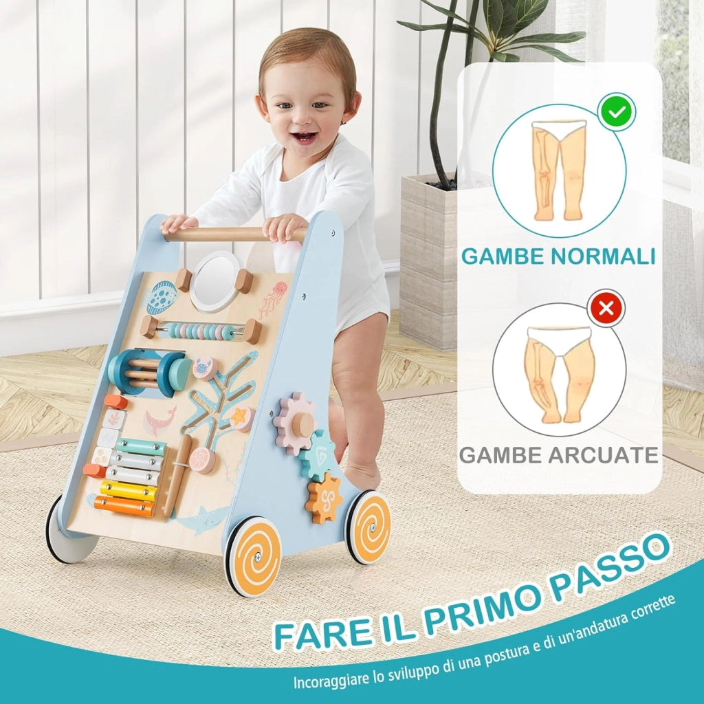 8 in 1 Carrellino Primi Passi, Girello in Legno per Bambini, Giocattolo Montessori con Ruote, Giocattolo da Spinta per Bambini 1+ Anni