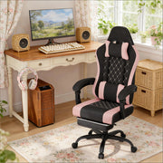 Sedia gaming ergonomica con massaggio lombare e poggiapiedi in tessuto mesh nero e rosa