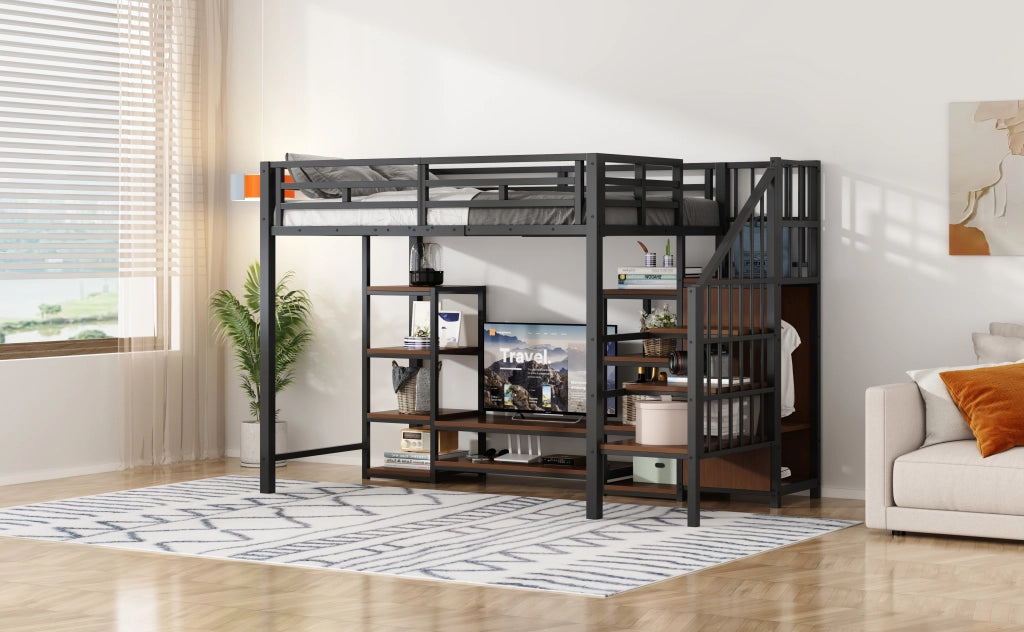 DESMIU Letto a Soppalco Singolo con Supporto TV, Presa e Scala Contenitore 90 × 200 cm, Senza Materasso, Nero