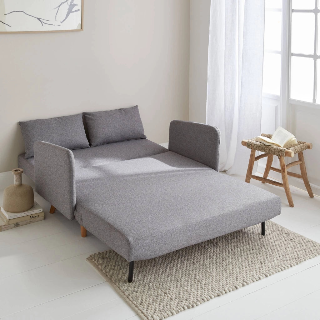 Divano letto clic-clac in tessuto con gambe in legno, 2 posti, grigio