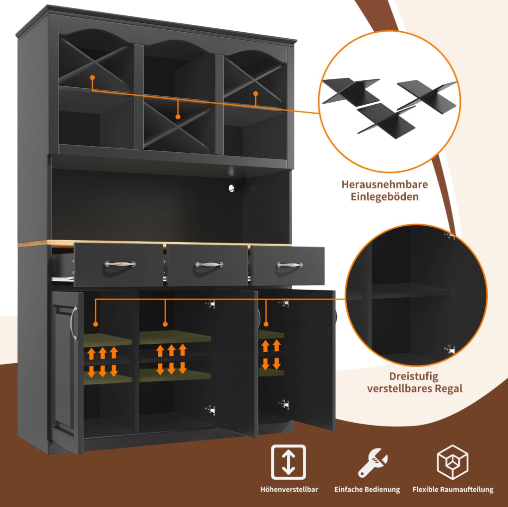 Credenza da cucina nera con LED, 3 ante e 3 cassetti