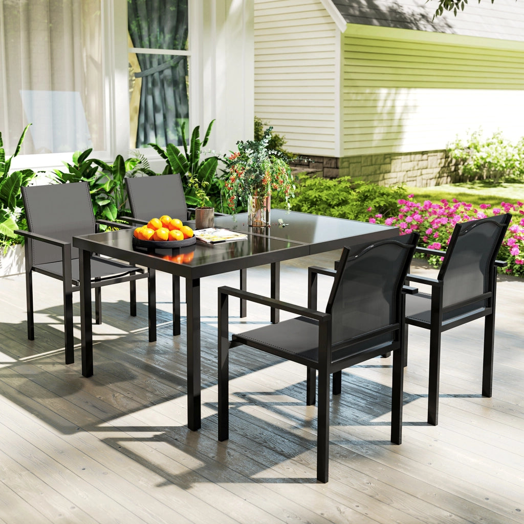 Set da giardino con tavolo e 4 sedie ¨C zephmum ¨C nero, vetro temperato, 140 cm