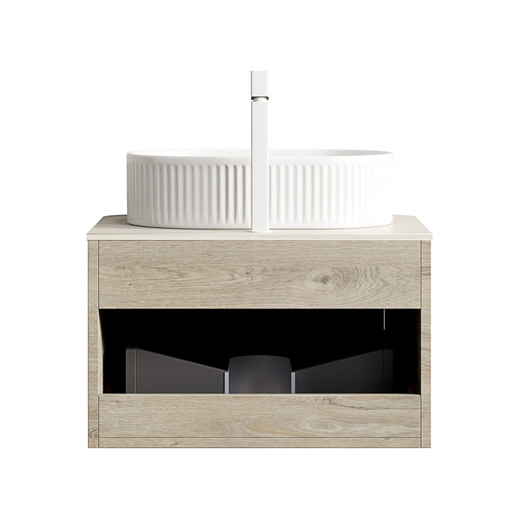 Mobile bagno sospeso con lavabo ovale e cassetto ammortizzato; piano in pietra sinterizzata; 60×46×50.2 cm