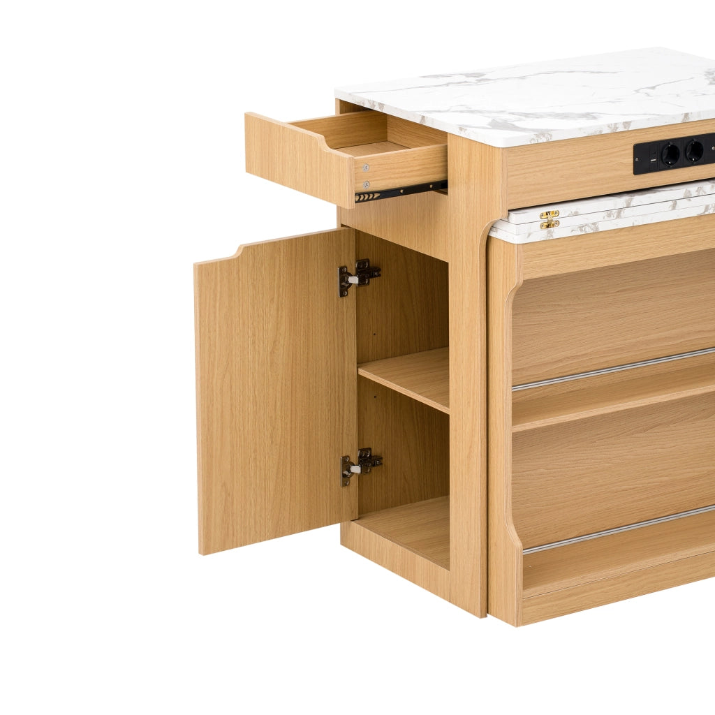 Tavolo da pranzo allungabile con 2 cassetti e vani; prese integrate - per cucina - 55×80×93 cm - naturale