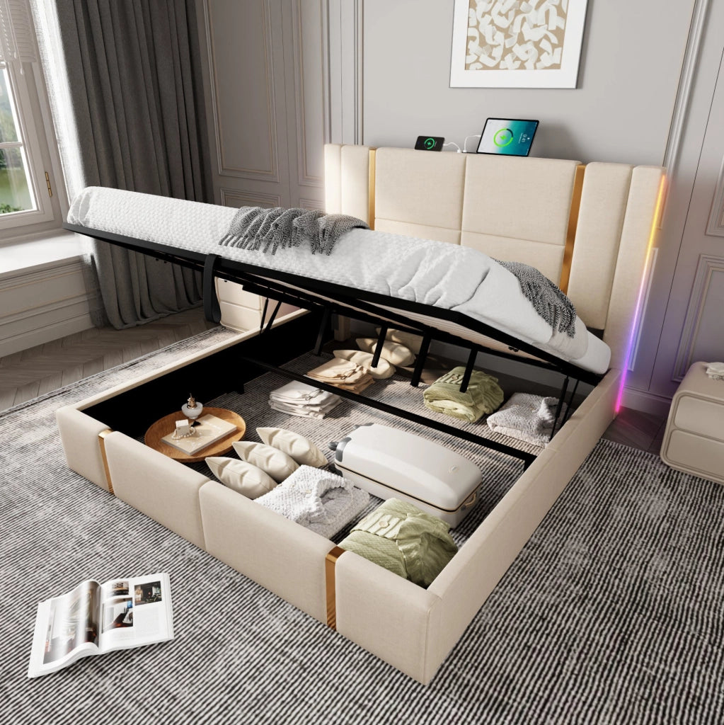 Letto imbottito matrimoniale con contenitore; LED RGB; USB e Type-C; 180x200 cm; beige