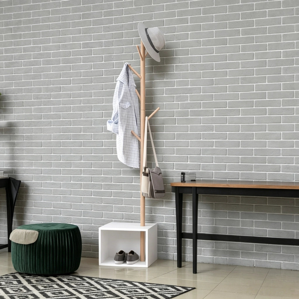 Mobile ingresso con 6 ganci e panca; in MDF e bambù; 40×30×180 cm