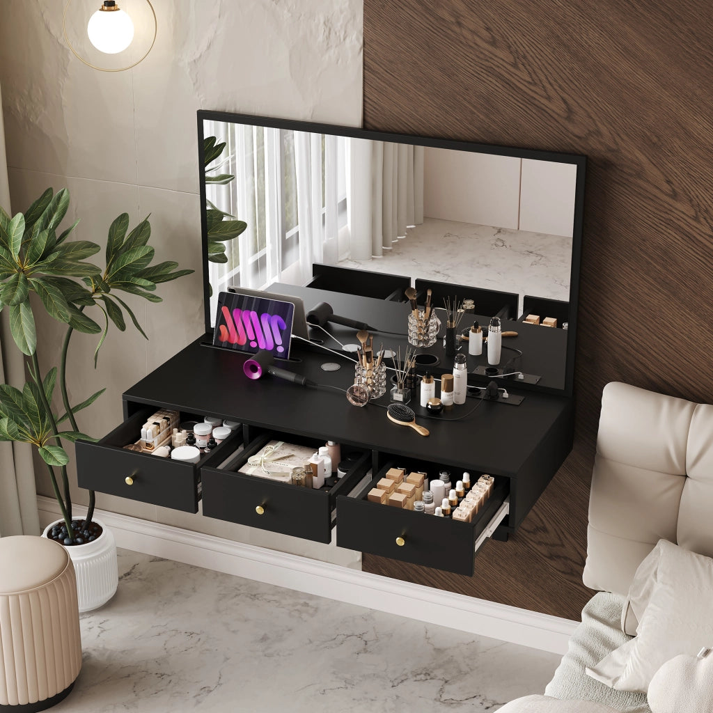 Toeletta con specchio tre cassetti e presa integrata supporto tablet portabicchiere nera 100 × 45 × 105 cm