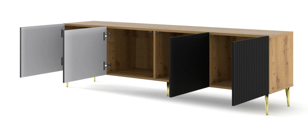 MOBILE RAVENNA B PORTA TV IN MDF RIVESTITO IN LEGNO 4D 200 GAMBE IN ROVERE ARTIGIANALE NERO OPACO ORO