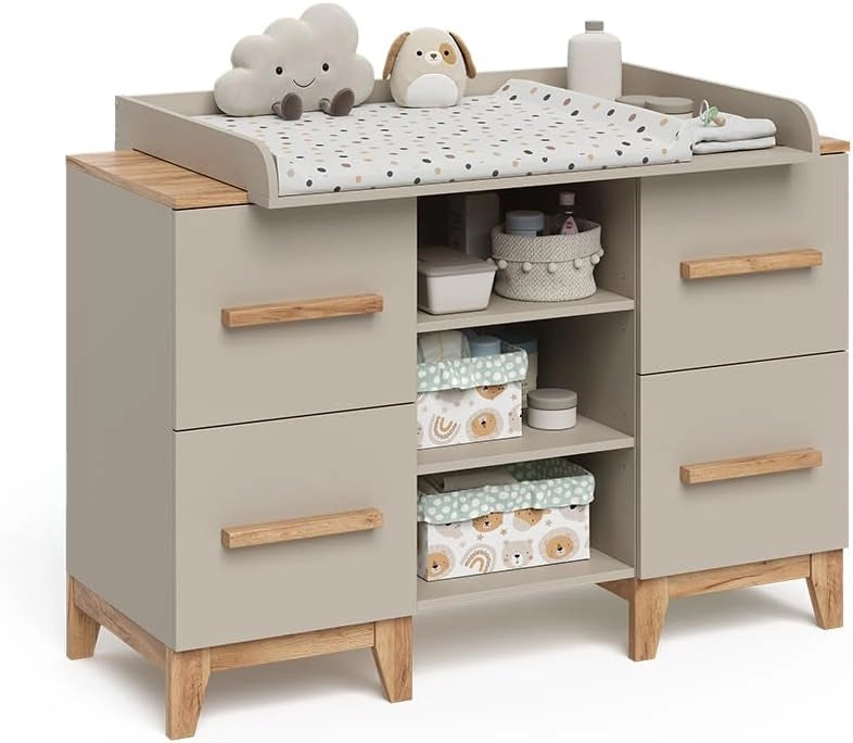Fasciatoio Malia, Cashmere/Artigianale, 133 x 98 cm XL con 4 cassetti, con fasciatoio rimovibile per l'utilizzo come cassettiera