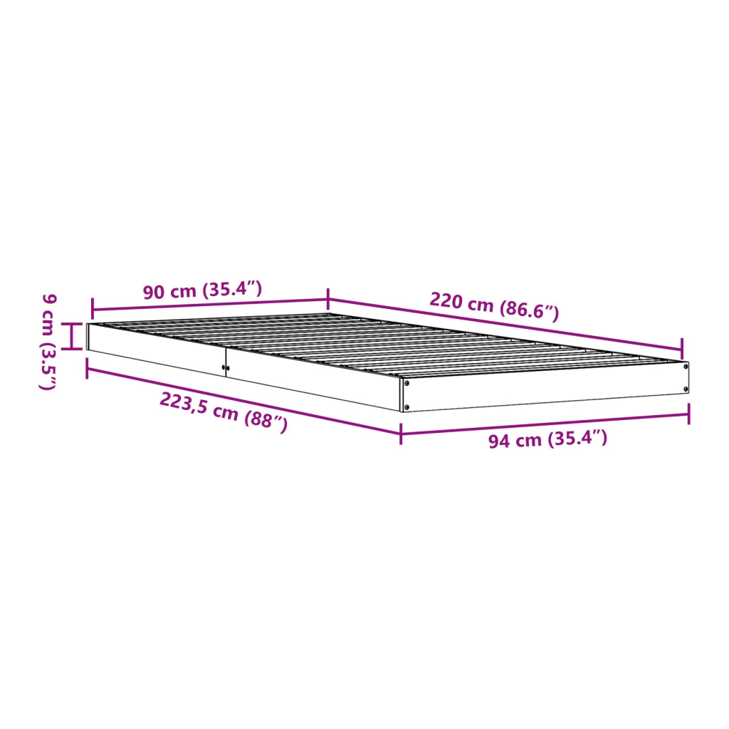 Struttura letto a pavimento  90x220 cm in legno massello di pino