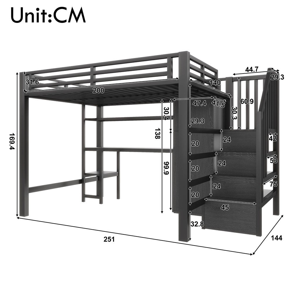 Letto a Soppalco con Scrivania, Libreria e Armadio ¨C MINIMAL ¨C Metallo Nero 140x200