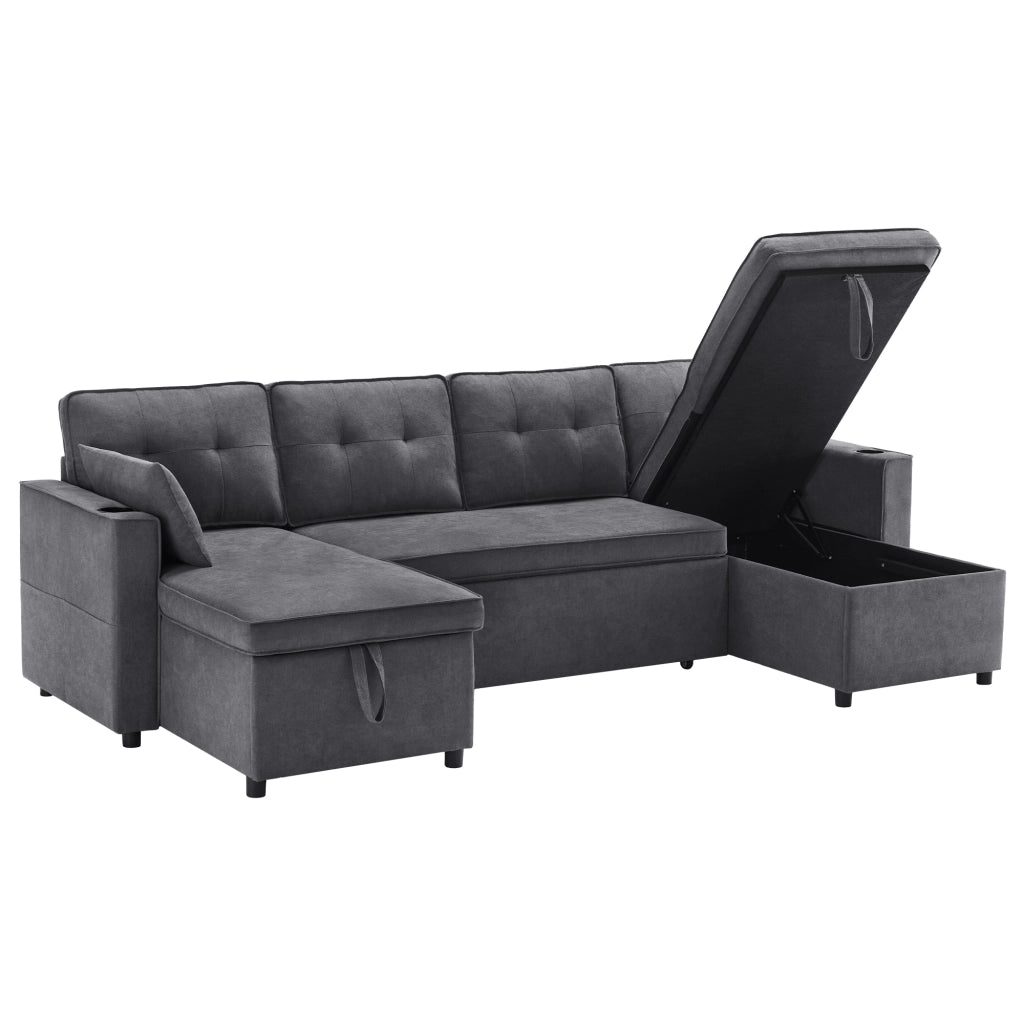 Divano Letto Panoramico A U 4-5 Posti con Vani Contenitore; Portabicchieri e Tasche Laterali in Cotone Lino Grigio