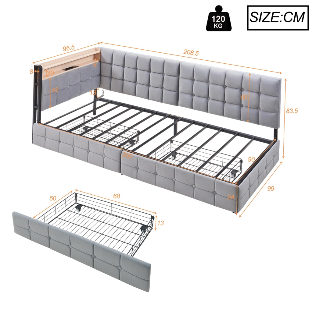 Divano letto 90x200 cm con LED e 2 cassetti in tessuto grigio