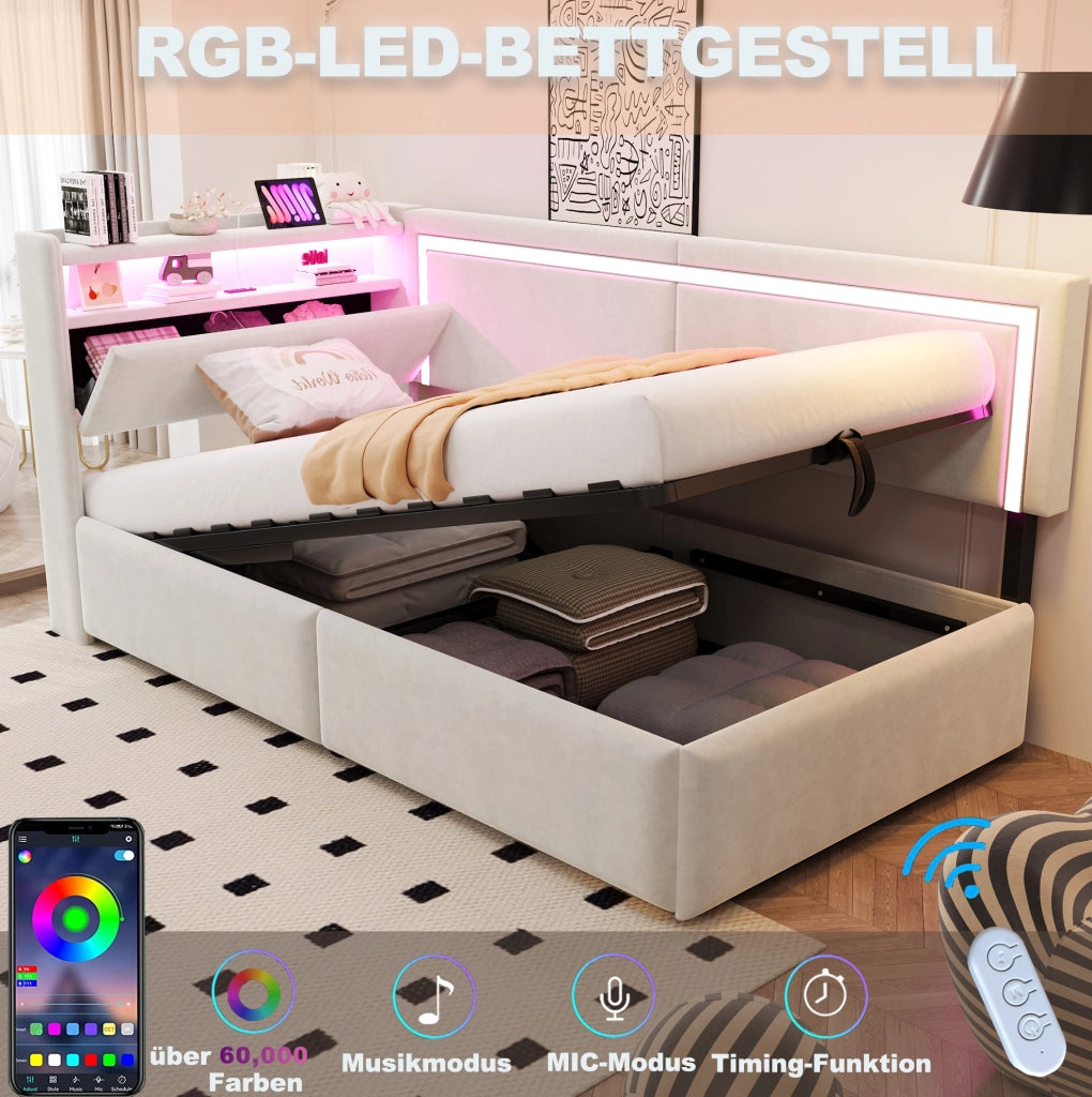 Divano letto imbottito 90×200 cm in velluto beige; LED; USB e vano contenitore idraulico