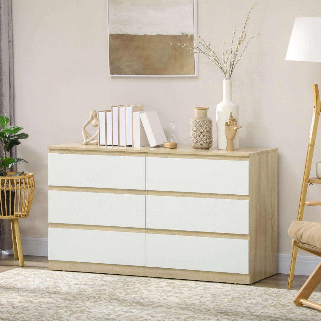 Cassettiera 6 Cassetti Moderna in Legno, Mobile Cassettiera per Camera da Letto 135x48x77cm, Bianco e Legno