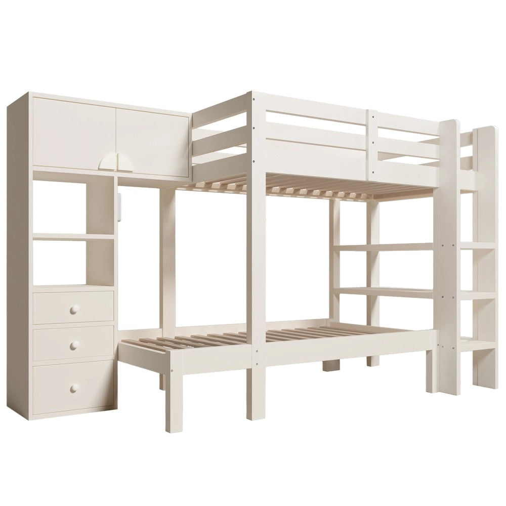 Letto a soppalco con cassetti ¨C Minimal ¨C 90x200 cm, bianco, con luce led e armadio