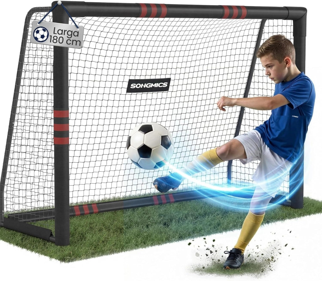 SONGMICS Porta da Calcio, per Tutte le Età, in Acciaio, Rete in PE, per Esterni, Giardino, Spiaggia, 85 x 240 x 160 cm, Rivestita in Gommapiuma, Nero SZQ240RZ02