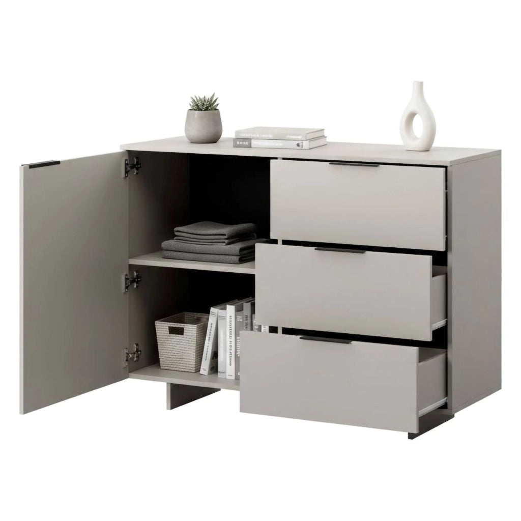 Credenza Rubiera, Madia da salotto con un'anta battente e tre cassetti, Rialzato da terra, 120x42 h90 cm, Beige