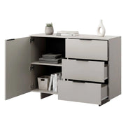 Credenza Rubiera, Madia da salotto con un'anta battente e tre cassetti, Rialzato da terra, 120x42 h90 cm, Beige