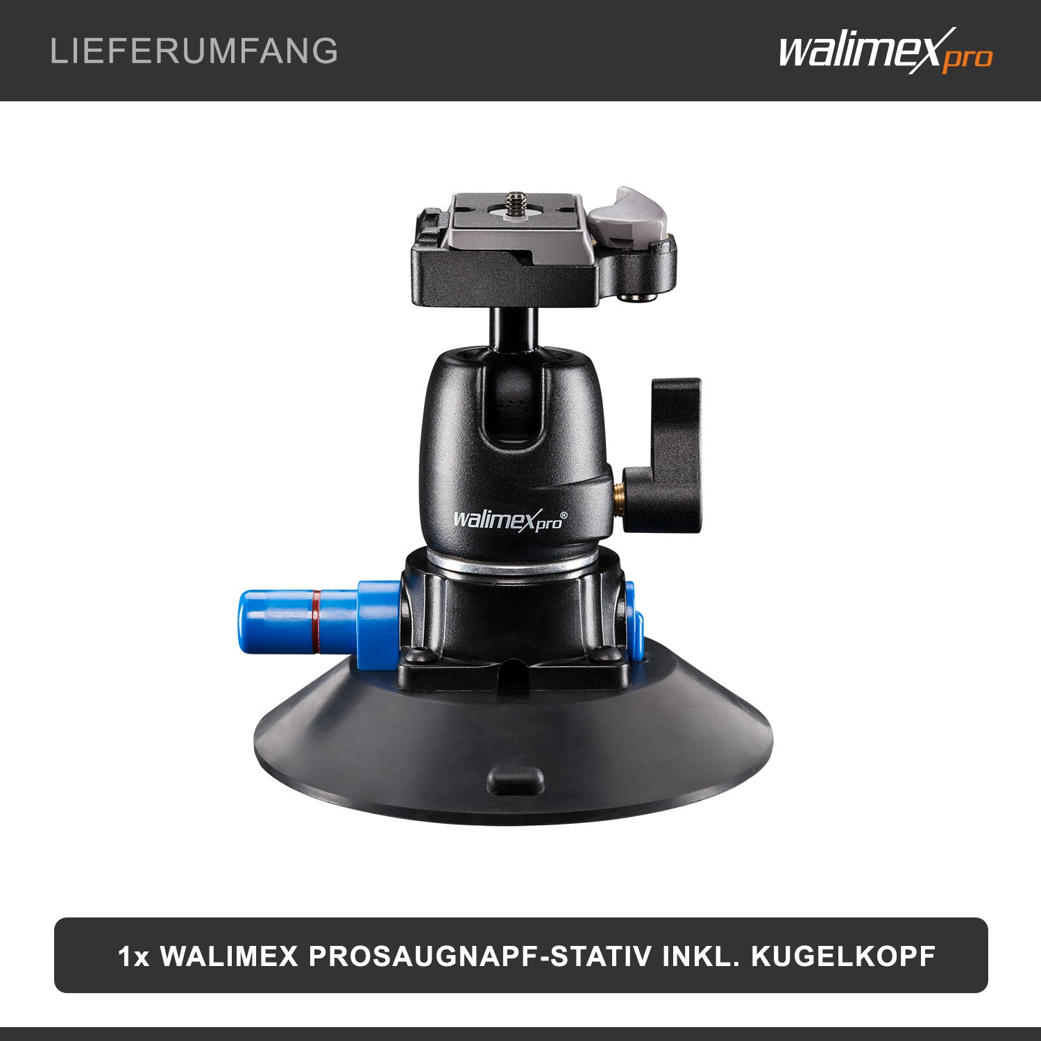 Walimex Pro treppiede a ventosa incl. testa a sfera per fotocamere di sistema e DSLR, 20317, nero, blu