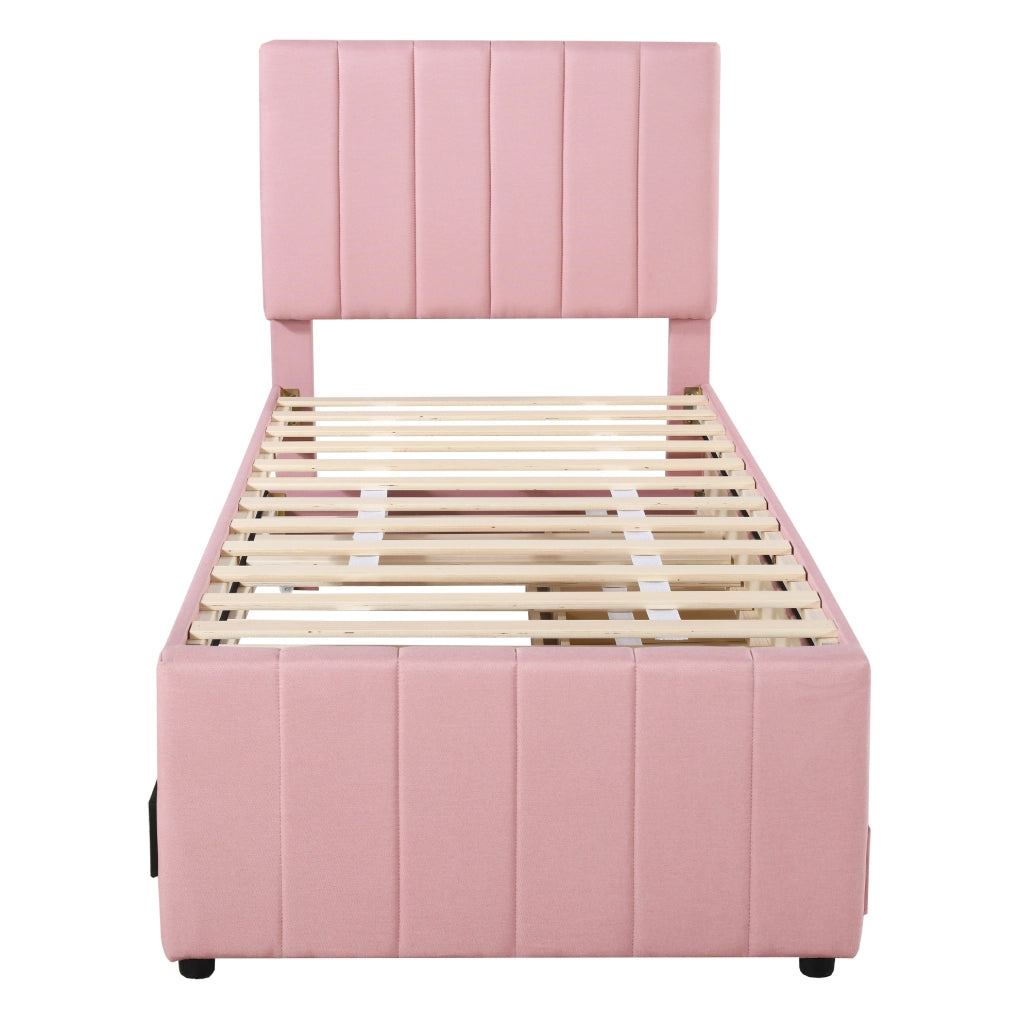 Letto imbottito singolo 90x200 cm con letto estraibile e 3 cassetti; rosa