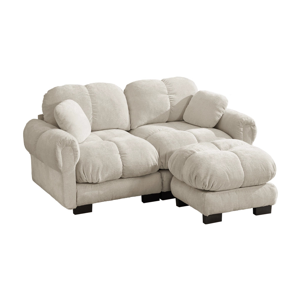 Divano angolare modulare 2 posti con chaise longue mobile e cuscini trapuntati in ciniglia beige chiaro