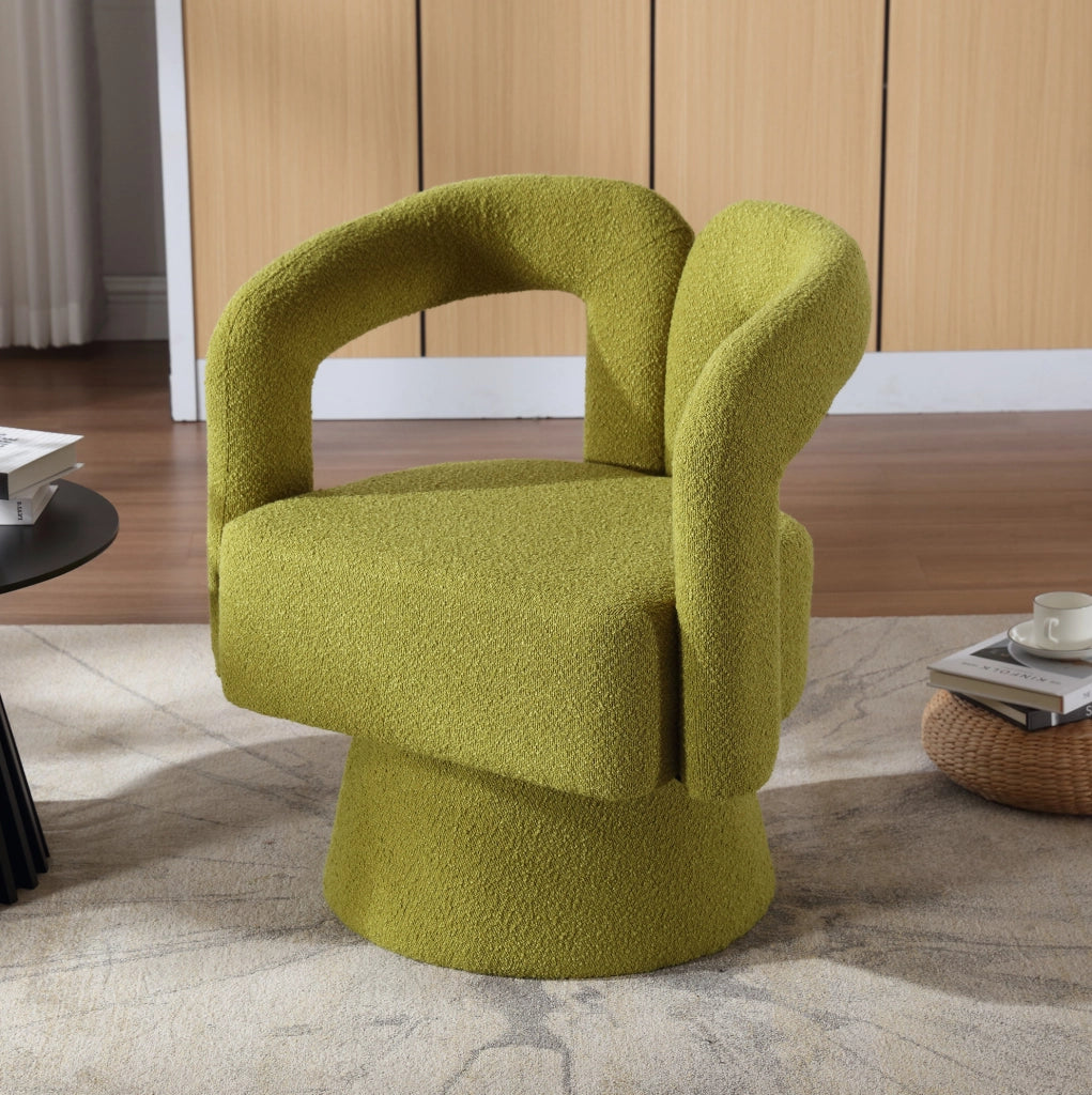 Poltrona girevole a 360° in bouclé verde oliva; 67 × 55 × 74 cm
