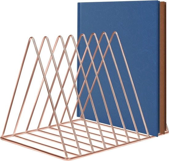 Raccolta riviste, supporto per libri in metallo, rosé oro, supporto per riviste e giornali a tre angoli con 9 fessure per uso domestico, libreria, bagno e ufficio, per libri, giornali, riviste.