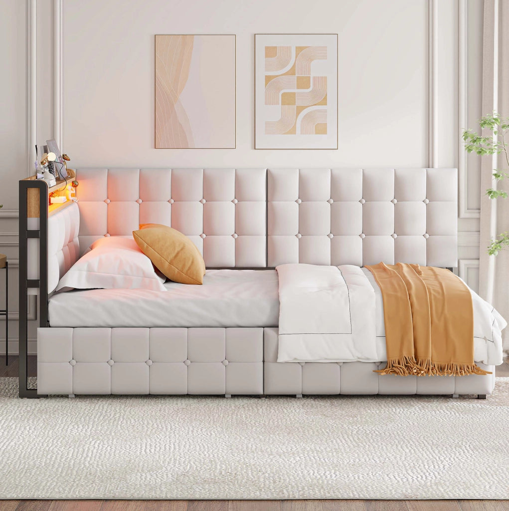 Divano letto imbottito ULEVR 90x200 cm con 2 cassetti, LED, USB e Type-C, beige