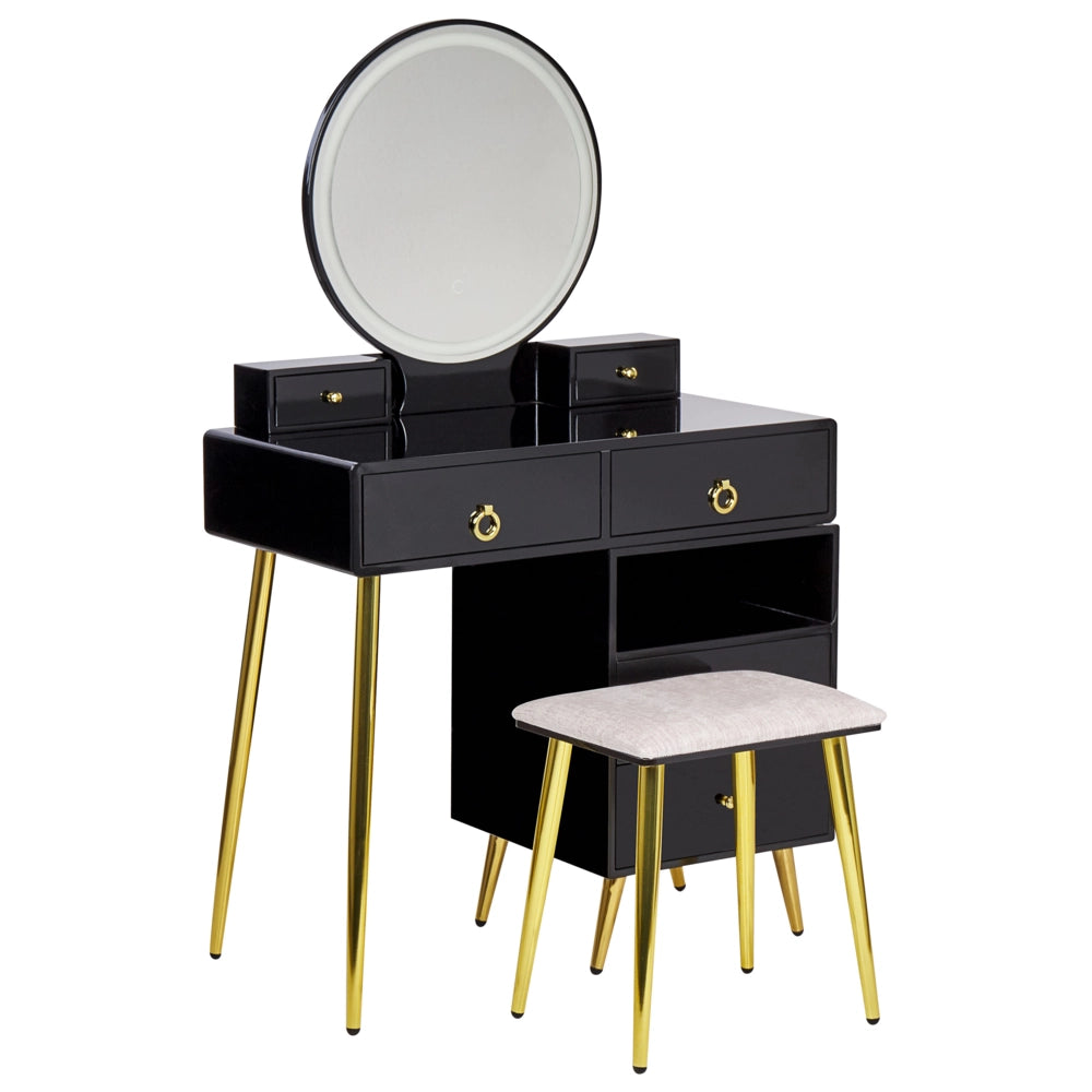 Toeletta con 6 cassetti specchio LED nero e oro e sgabello camera da letto elegante