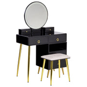Toeletta con 6 cassetti specchio LED nero e oro e sgabello camera da letto elegante