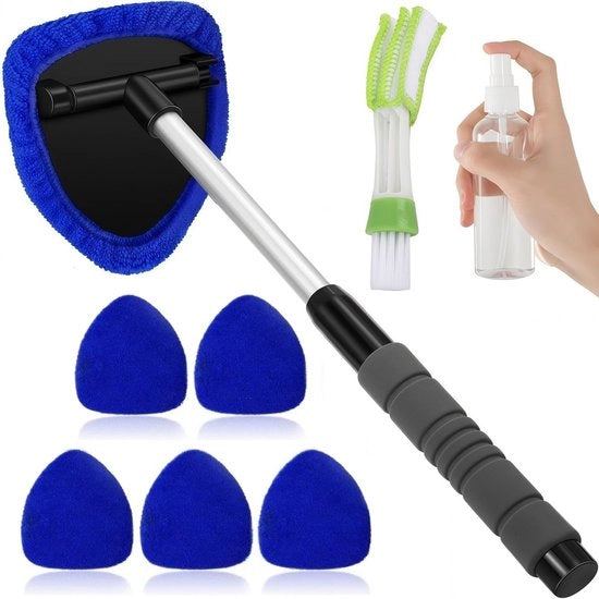 Set di pulizia per vetri 180° girevole - Kit di pulizia - Panno di microfibra - Flacone di spray - Spazzola per vetri - Inclusa base di supporto - Kit di pulizia per vetri