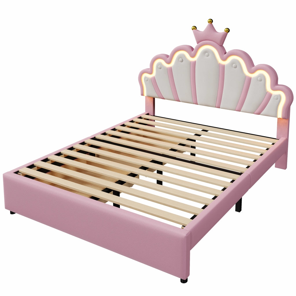 Letto imbottito 140x200 cm con LED RGB, 2 cassetti, testiera regolabile, PU rosa