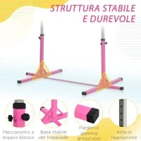 Barra da Ginnastica Artistica per Bambini 3+ Anni con Altezza Regolabile 92-150 cm, in Acciaio e Legno Massello di Faggio, Sbarra Orizzontali Danza Attrezzatura Palestra Antiscivolo, Rosa