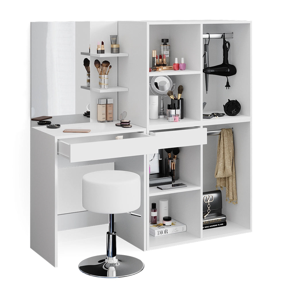 Vicco Tavolo da toeletta Bianco 140 cm con sgabello e armadio