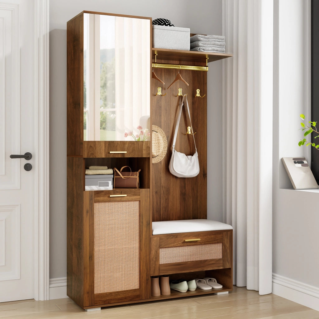 Mobile d'Ingresso con 3 Ante; Specchio; Panca e LED 16 Colori; Stile Moderno; in MDF; Noce/Bianco; 110??38??190 cm
