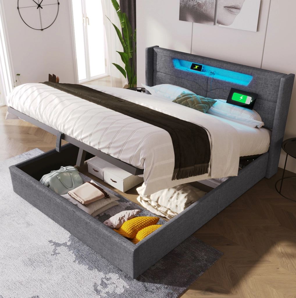 Letto imbottito 160x200 cm con contenitore; LED e ricarica USB Type C in lino grigio