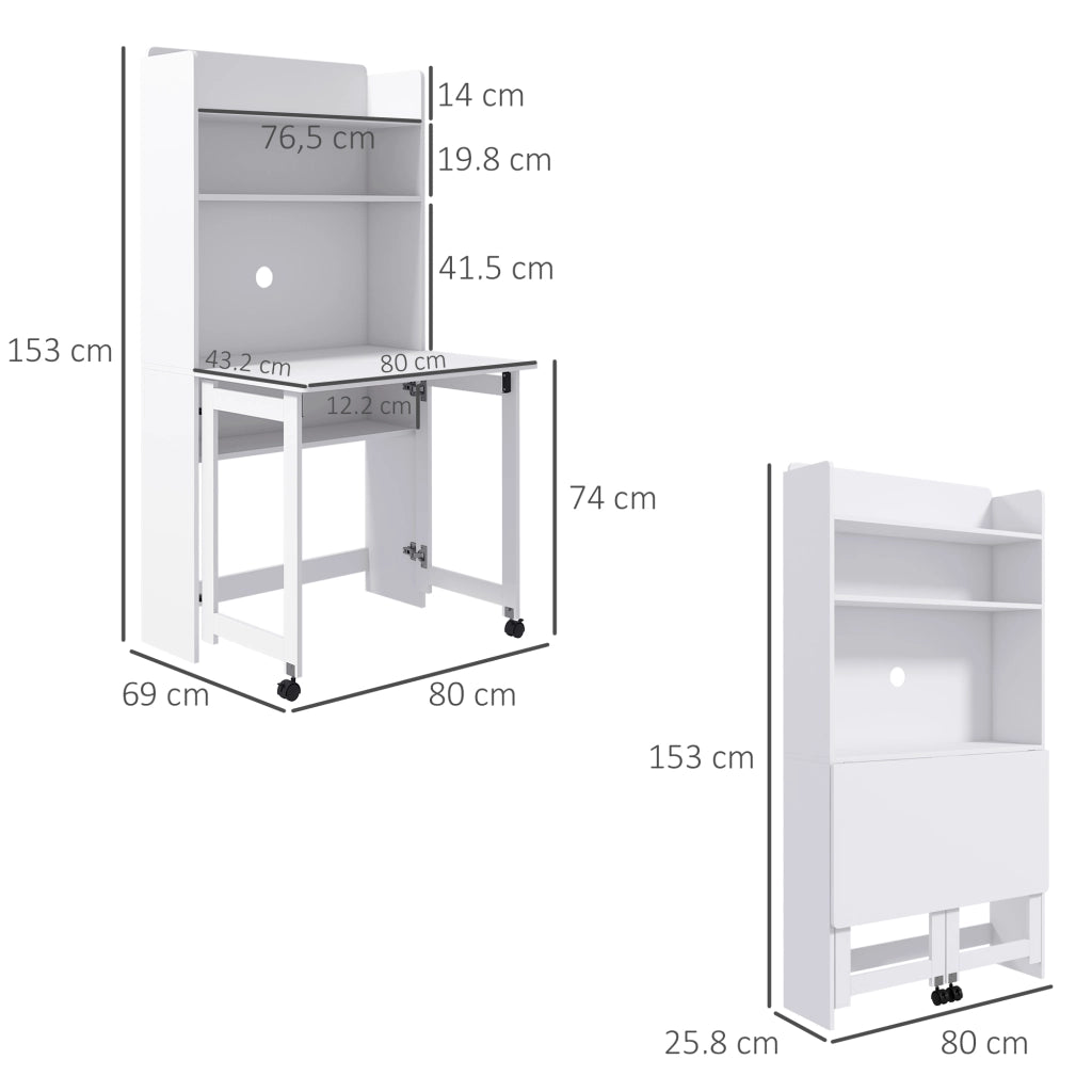 Scrivania Pieghevole 80x69x155 cm con Libreria a 4 Ripiani 2 Ruote e Foro Passacavi in MDF Bianco