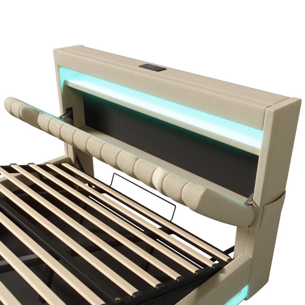 DESMIU Lit Contenitore 160 × 200 cm 2 posti con LED, USB e Type-C, senza materasso, in lino, beige