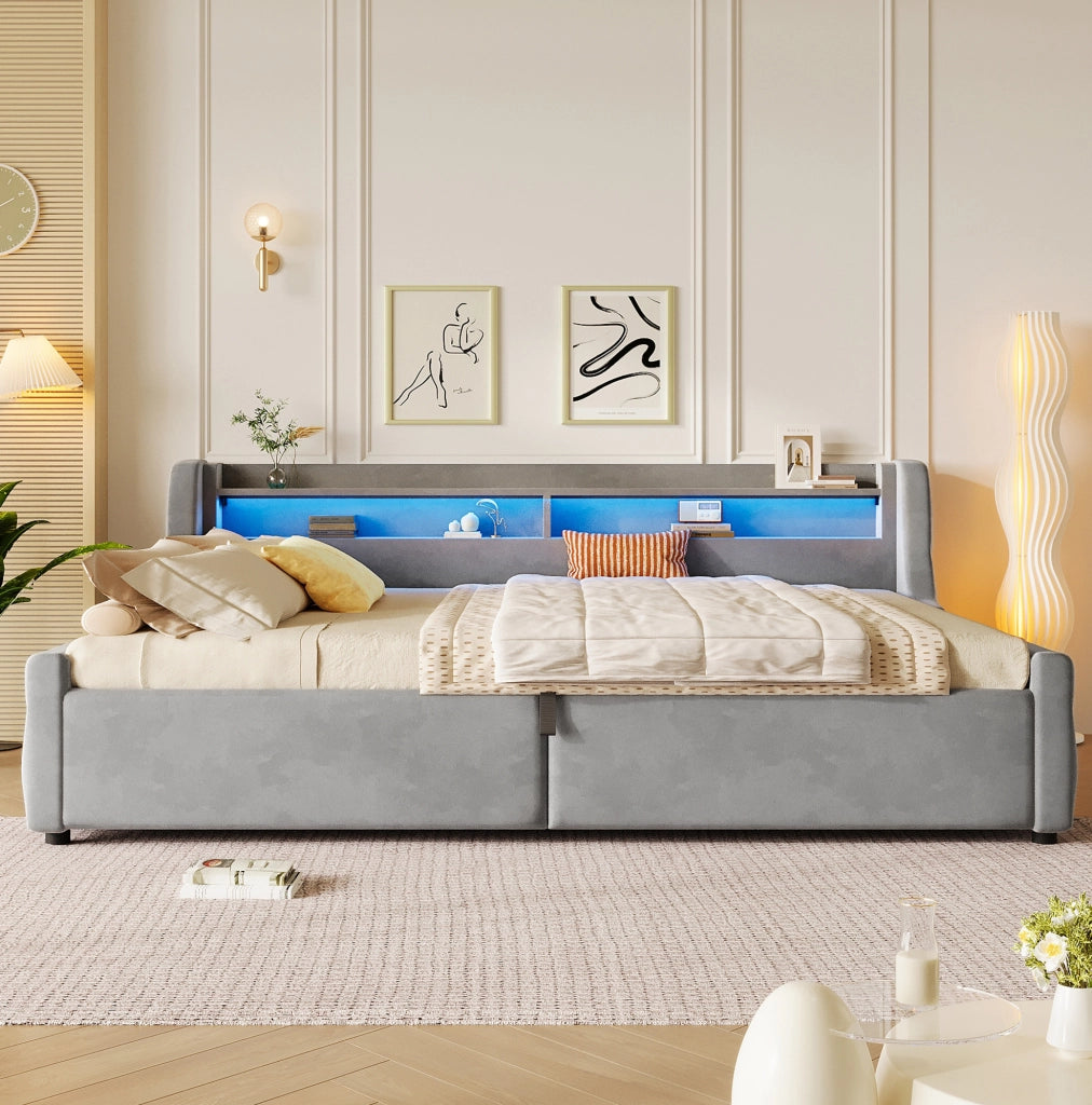 Letto imbottito 140x200 cm con contenitore e LED in flanella grigio