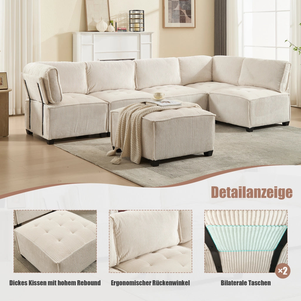 Divano Modulare 6 Posti con Tasche Laterali e Schienale Ergonomico; Convertibile a U o L; Struttura Legno Metallo in Velluto a Coste Beige