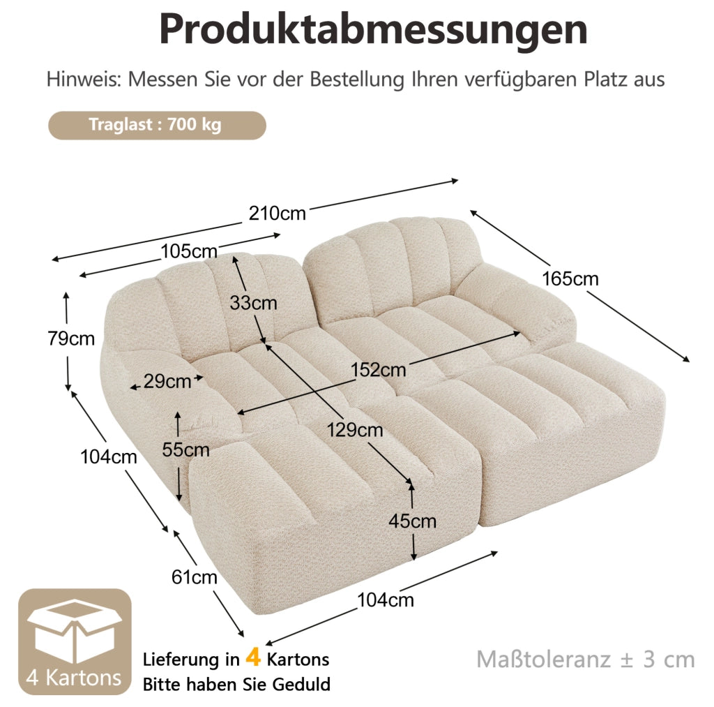 Divano modulare angolare senza struttura; 210x165x79 cm; in granulated fleece beige bianco