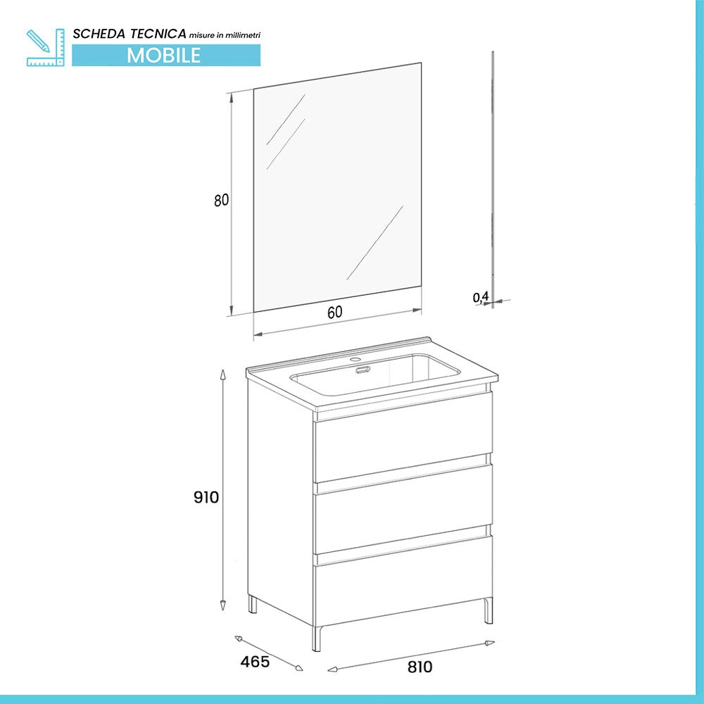 Mobile bagno a terra 80 cm in bianco lucido con lavabo e specchio Leda