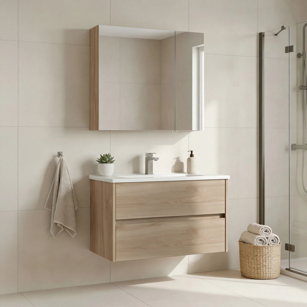 Set mobile lavabo con specchio (2 pezzi) "Side 85 v2" - 85 x 45 x 52 cm - Rovere