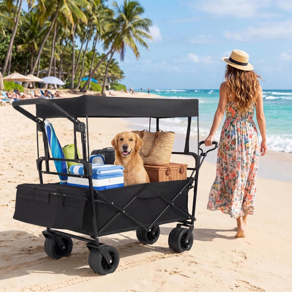Carrello Spiaggia Pieghevole con Tetto, Carrello da Trasporto con Ruote Grandi e Borsa Portatutto, Carrello da Campeggio e Giardino, in Acciao Resistente, Chiusura Rapida, 100 KG, 100L (Nero)