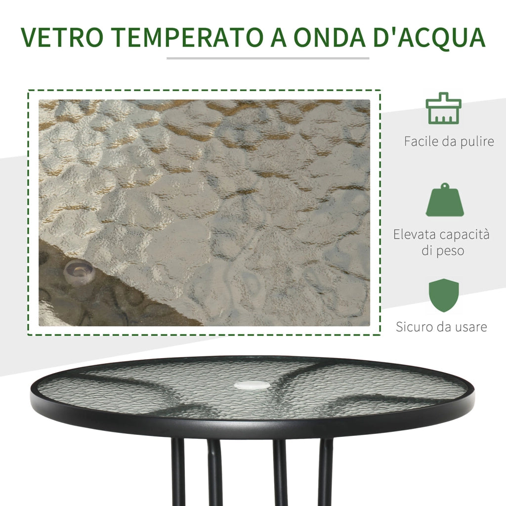 Tavolino da Giardino Ø80x72 cm Piano in Vetro con Foro in Metallo Nero