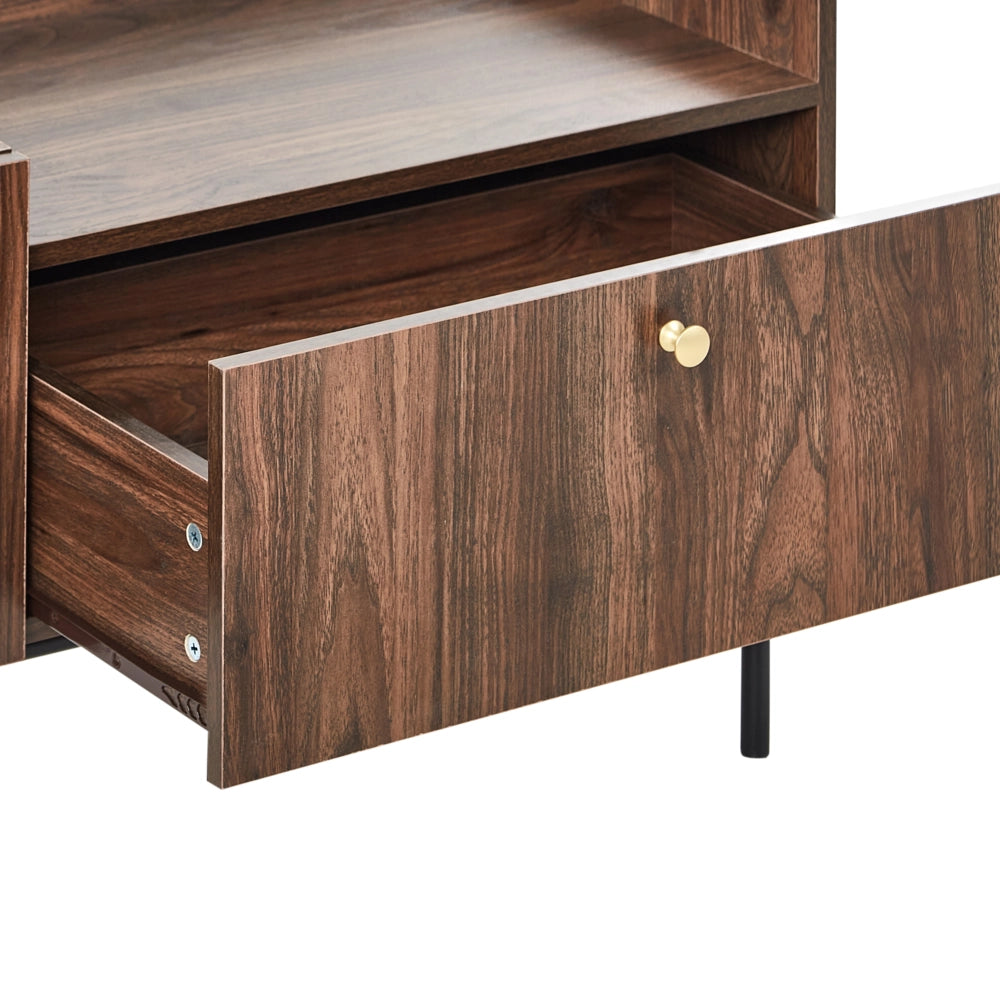 Porta TV Legno scuro Truciolato Gambe in metallo Mobile TV Credenza con 2 ante e cassetto Stile tradizionale retrò