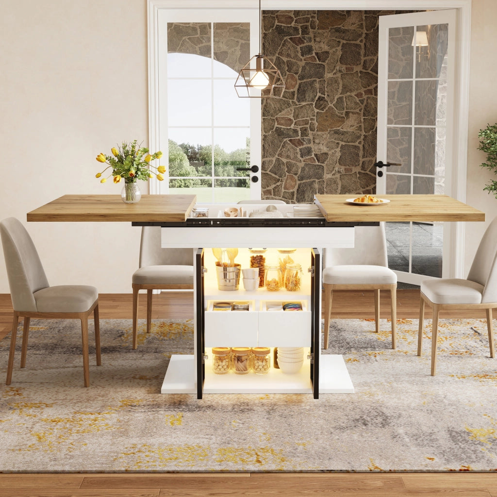 Tavolo allungabile da 110 a 140 cm con contenitore e luci LED; MDF e metallo; bianco